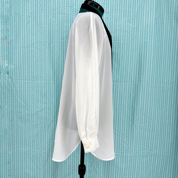 Cabi Tuxedo Blouse # 3421, White Semi-Sheer Long Sleeve with Black Tie, Small - Picture 11 of 16